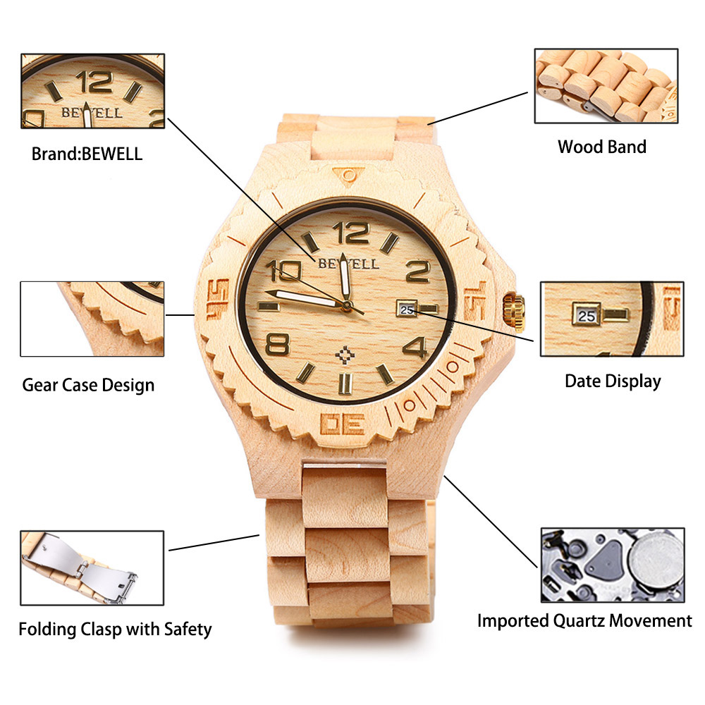 Bewell ZS-W023B Wooden Quartz Watch for Men Date Display Luminous Pointers
