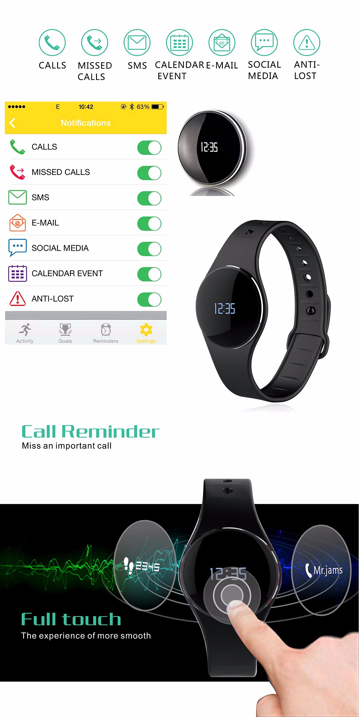 L16 Smart Bracelet Watch Bluetooth 4.0 SMS Reminder Sleep Tracker Calorie Burning for Sports