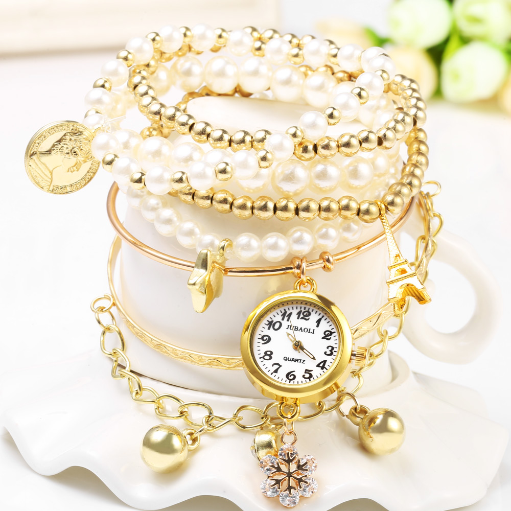 JUBAOLI 1107 Multilayer Quartz Chain Watch Snowflake Pendant Round Dial for Women
