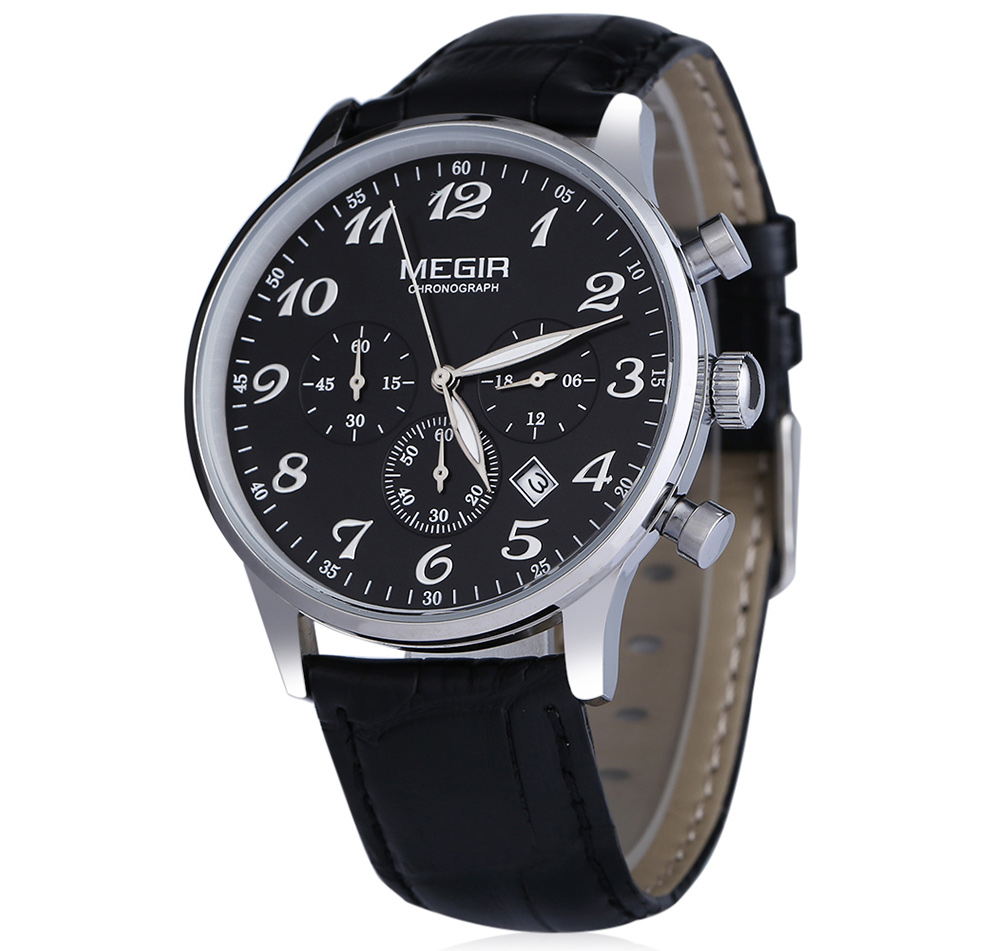 MEGIR M2022 Men Quartz Sport Watch Three Working Sub-dials Water Resistance Luminous Pointer Chronograph Wristwatch
