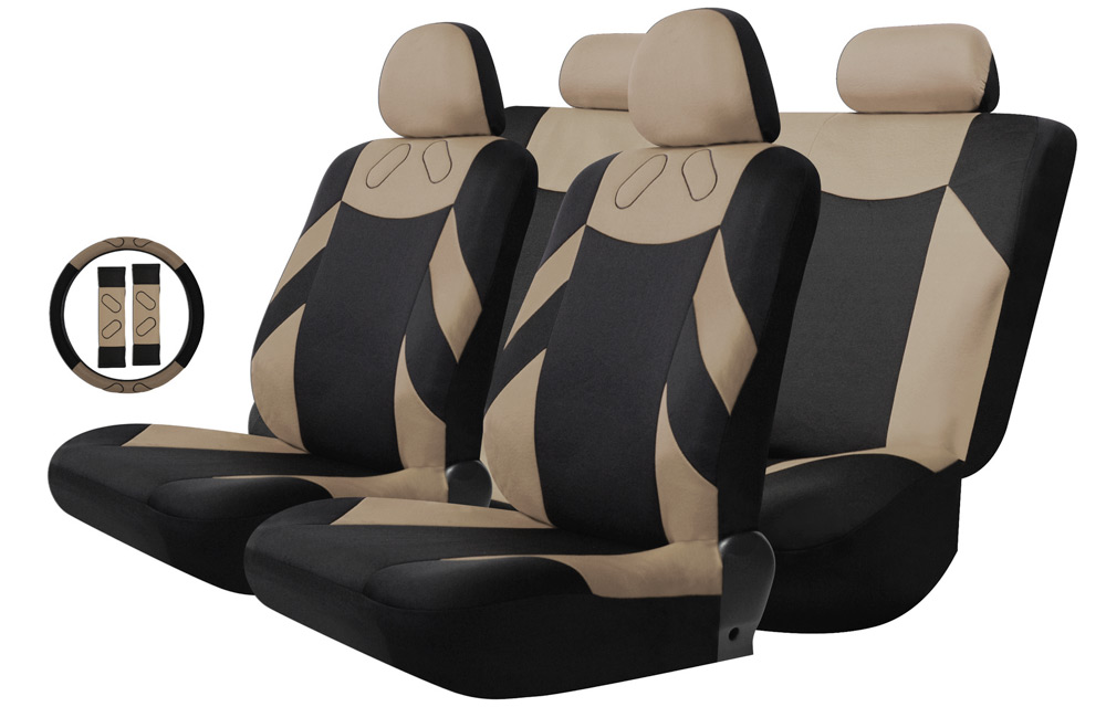 T20648 / BK + RD 13pcs Universal Mesh Fabric Car Seat Cover Set Four Seasons Auto Cushion Steering Wheel Wrap