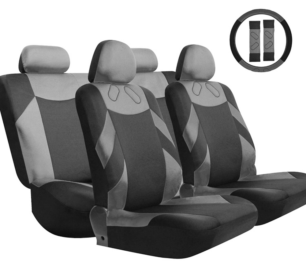 T20648 / BK + RD 13pcs Universal Mesh Fabric Car Seat Cover Set Four Seasons Auto Cushion Steering Wheel Wrap