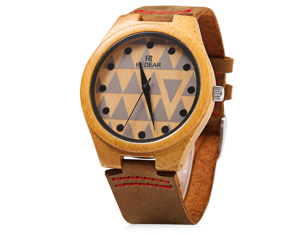 REDEAR SJ 1448 - 7 Wooden Female Quartz Watch Special Pattern Dial Leather Strap Wristwatch