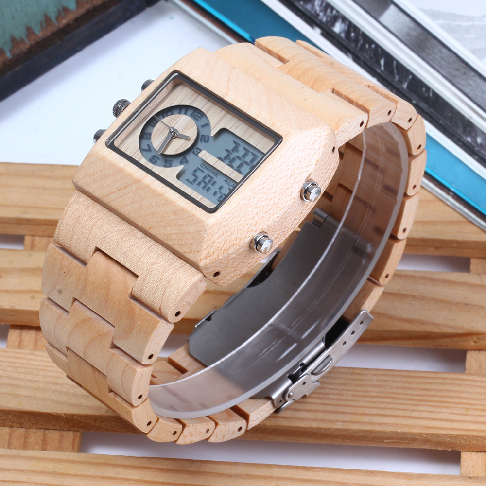 BEWELL ZS - W021A Dual Movt Men Watch Wooden Case Date Day Display Wristwatch