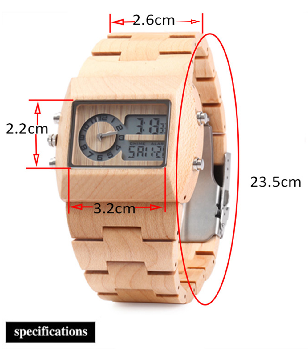 BEWELL ZS - W021A Dual Movt Men Watch Wooden Case Date Day Display Wristwatch