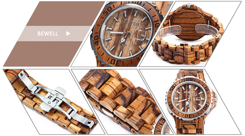BEWELL ZS-100BG Wooden Men Quartz Watch with Luminous Hands 30M Water Resistance Wristwatch