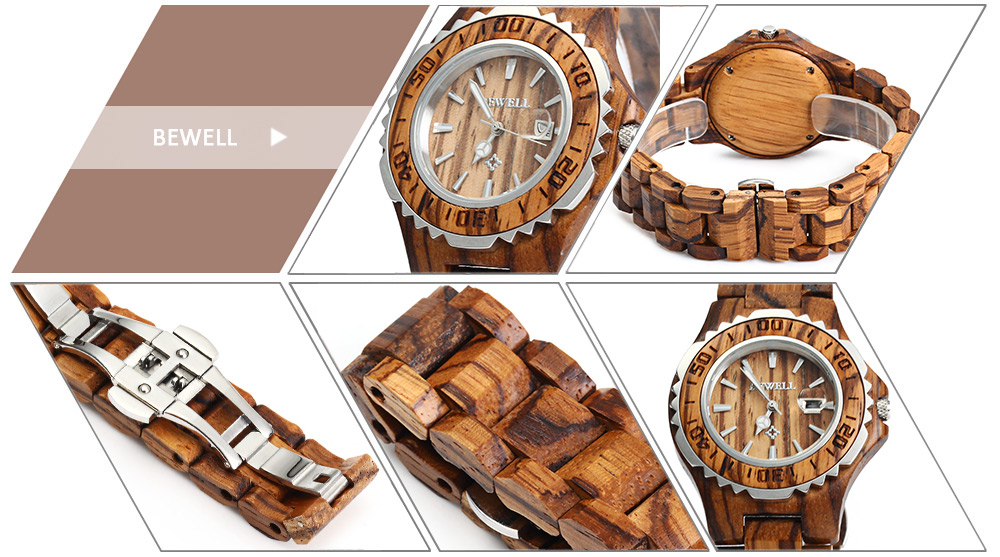 BEWELL ZS-100BL Wooden Women Quartz Watch with Hands Metal Case 30M Water Resistance Wristwatch