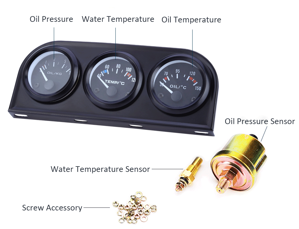 B735 52MM 3 in 1 Car Meter Auto Gauge Water Temperature Oil Pressure Sensor Triple Kit