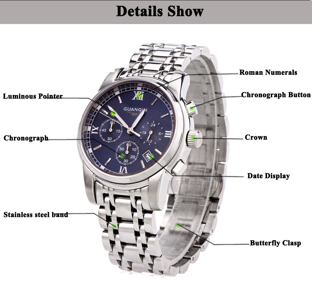 GUANQIN GS19018 Men Quartz Watch Roman Numerals Three Sub-dials Calendar Chronograph Display Luminous Pointer Wristwatch