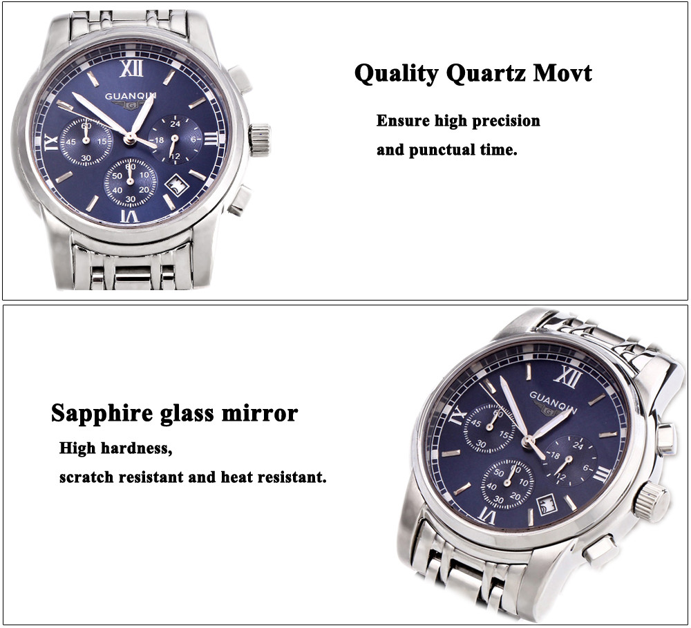 GUANQIN GS19018 Men Quartz Watch Roman Numerals Three Sub-dials Calendar Chronograph Display Luminous Pointer Wristwatch