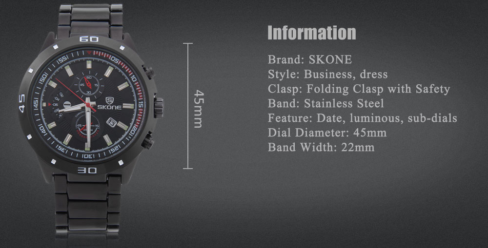 SKONE 7386BG Men Quartz Watch Date Luminous Display Stainless Steel Band Wristwatch