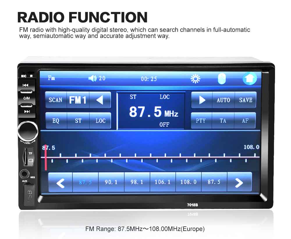 7018B 7 Inch Bluetooth V2.0 Car Audio Stereo MP5 Player 12V Auto Video Support AUX FM USB Remote Control