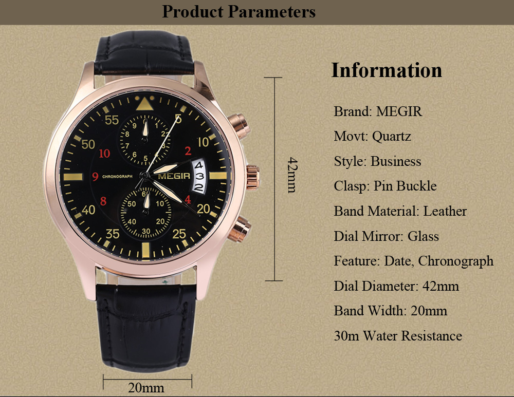 MEGIR M2021 Men Quartz Watch Working Sub-dial Water Resistance Luminous Pointer Wristwatch