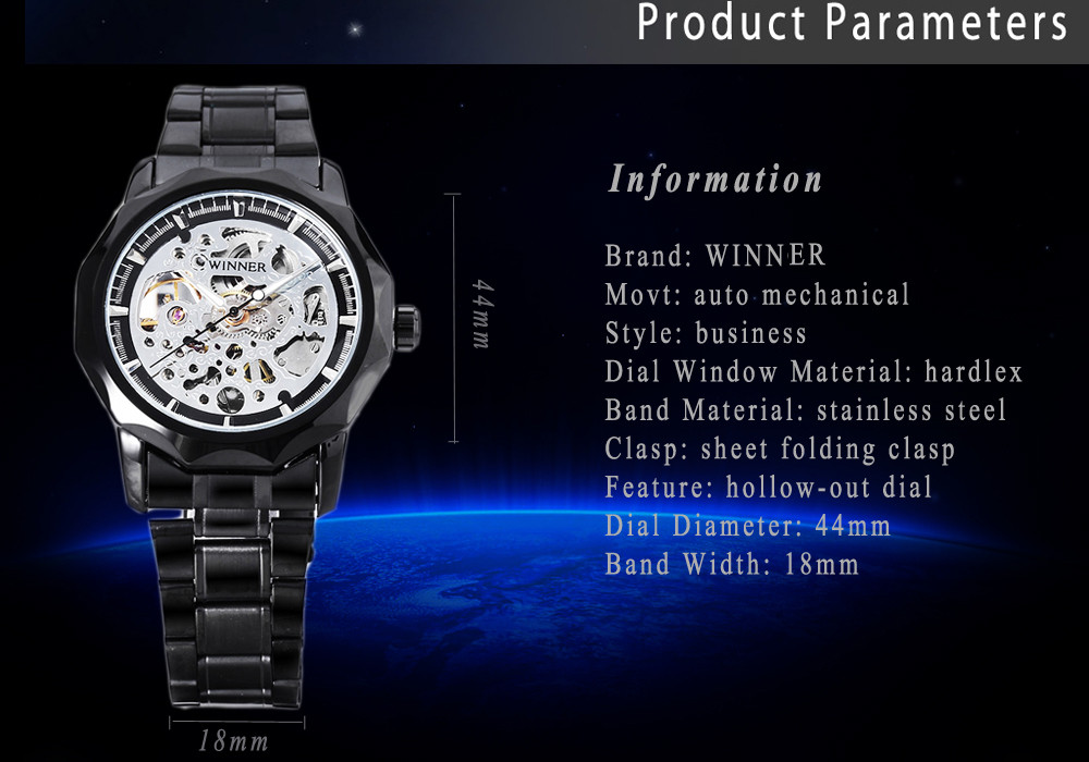 WINNER U8061 Men Auto Mechanical Watch Luminous Hollow-out Dial Wristwatch