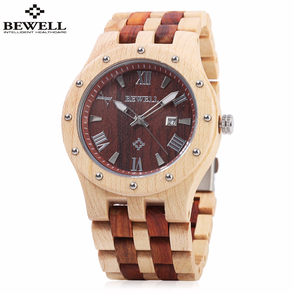 Bewell ZS - W109A Men Quartz Watch Round Dial Wooden Band Analog Wristwatch