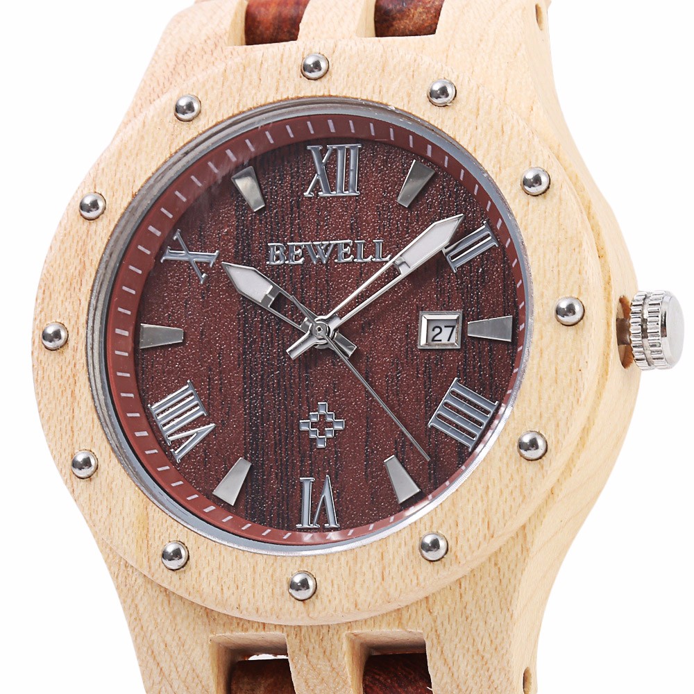 Bewell ZS - W109A Men Quartz Watch Round Dial Wooden Band Analog Wristwatch