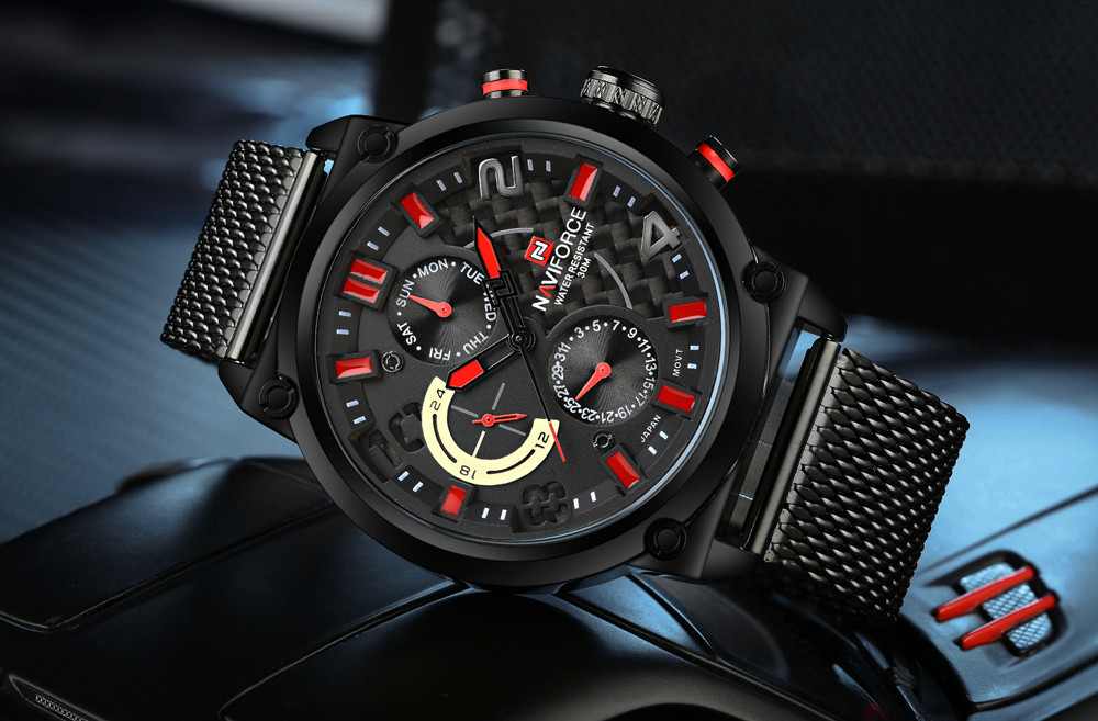 NAVIFORCE NF9068M Male Quartz Watch 3ATM Calendar Stainless Steel Mesh Band Wristwatch