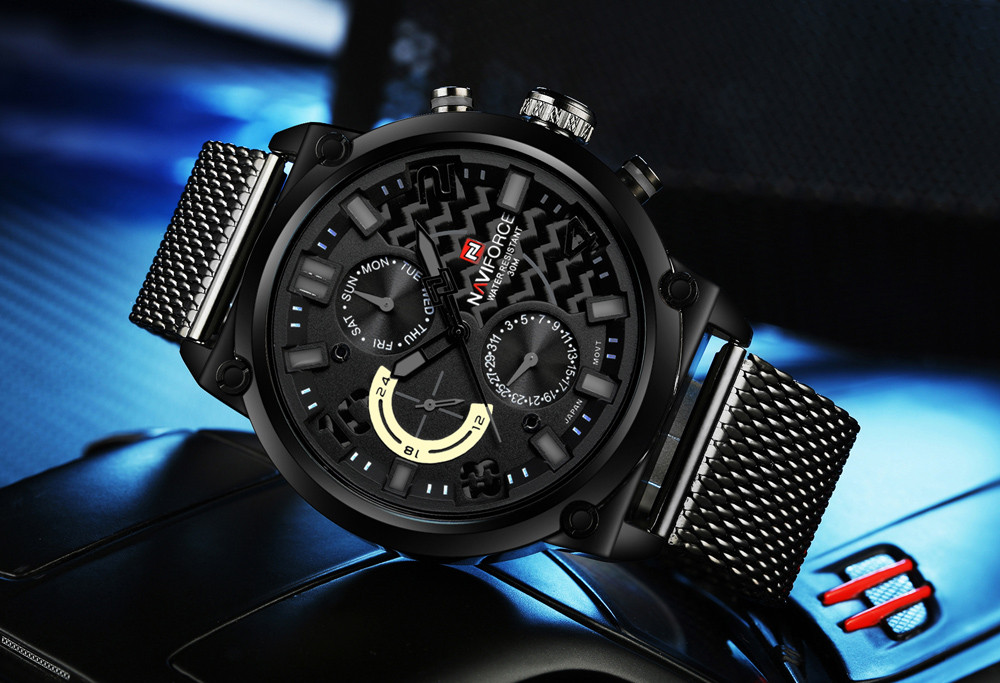 NAVIFORCE NF9068M Male Quartz Watch 3ATM Calendar Stainless Steel Mesh Band Wristwatch