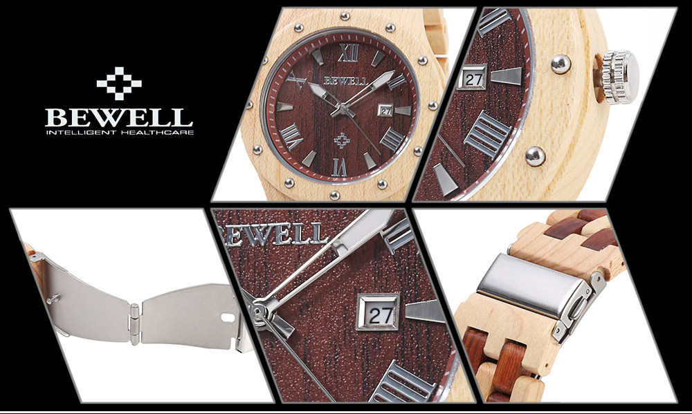 Bewell ZS - W109A Men Quartz Watch Round Dial Wooden Band Wristwatch