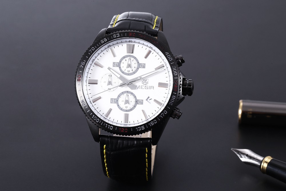 MEGIR 3001 30M Water Resistance Luminous Pointers Quartz Watch Date Function Leather Band for Men