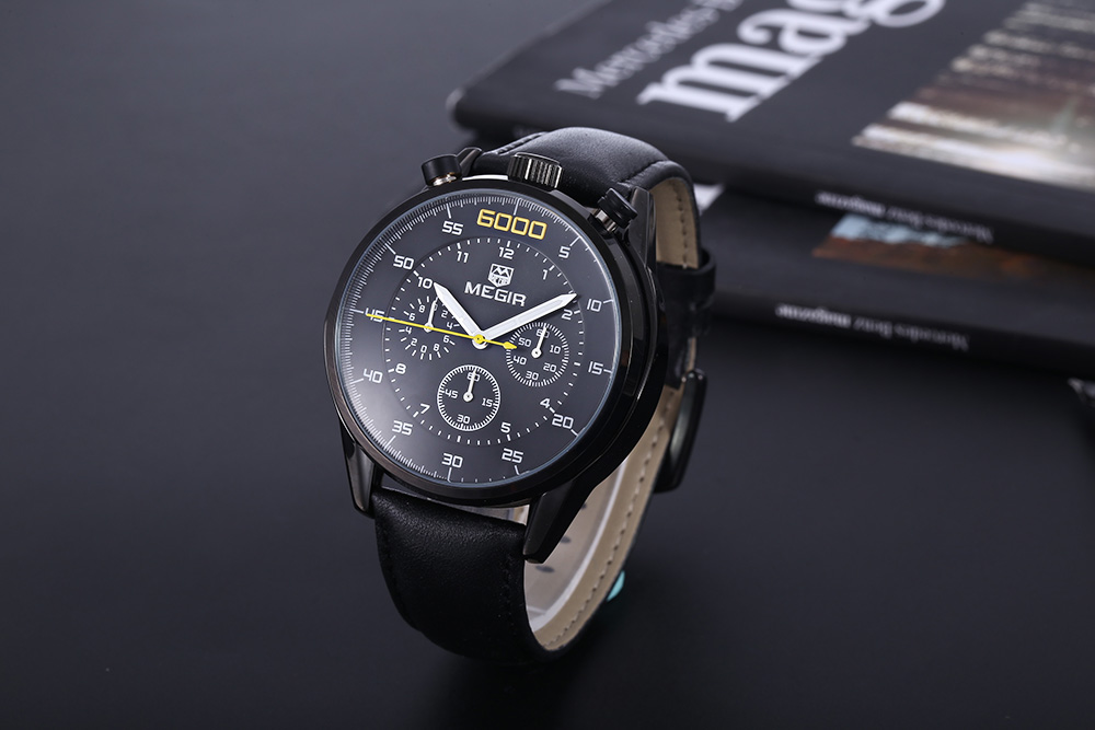MEGIR 3005G 30M Water Resistant Male Quartz Watch with Stopwatch Leather Band Working Sub-dials