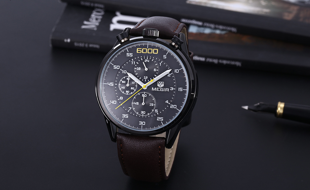 MEGIR 3005 Leather Strap 30M Water Resistant Male Quartz Watch with Luminous Analog Working Sub-dials