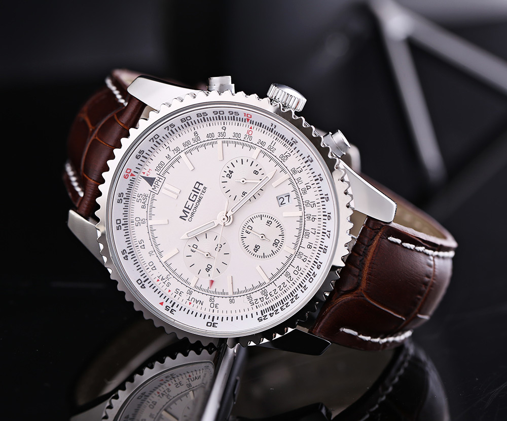 MEGIR 2009 Leather Strap 30M Water Resistant Male Japan Quartz Watch with Date Display