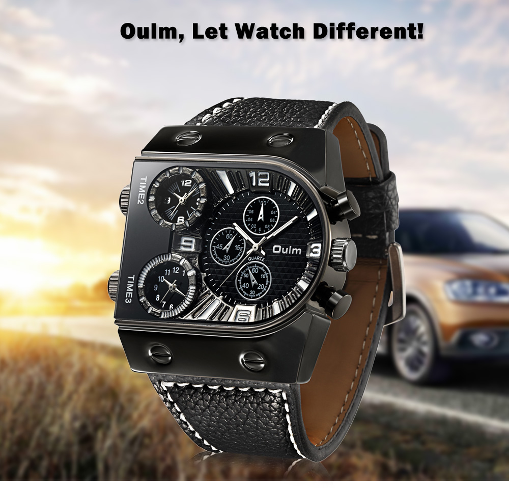 Oulm Multi-Function 3-Movt Quartz Leather Wristwatch Men Military Sports Watch