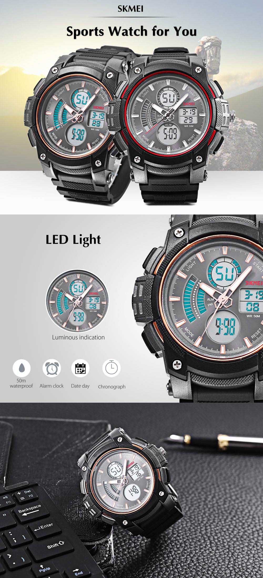 SKMEI 1192 Dual Movt Watch Calendar Chronograph Alarm Display Water Resistance Sports Wristwatch