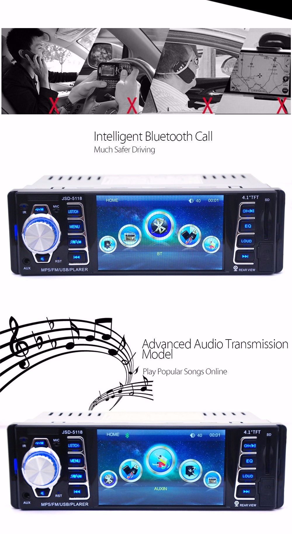 JSD - 5118 7020G 4.1 inch Car Digital Audio Stereo MP5 Player 12V Remote Control