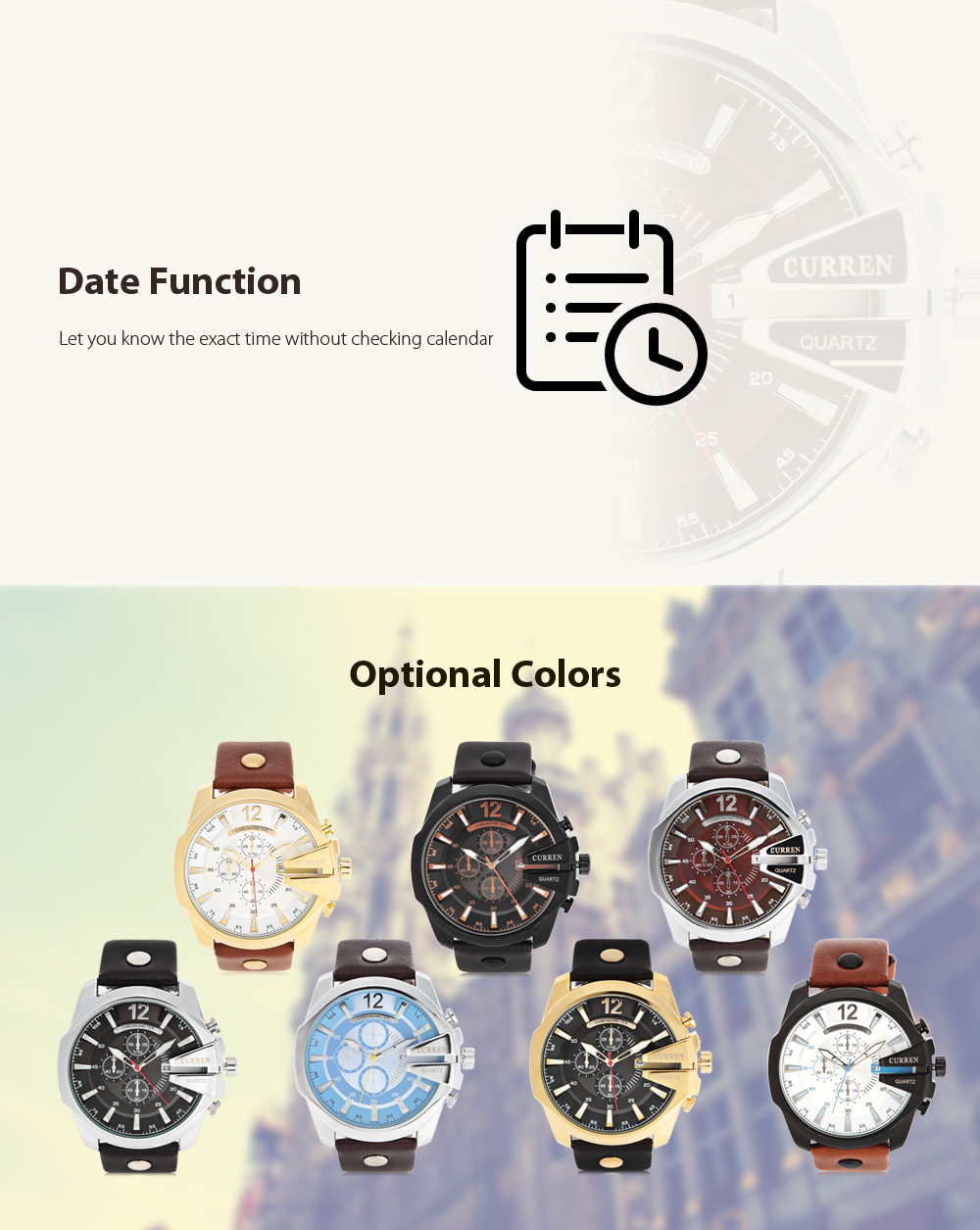Curren 8176 Men Quartz Watch with Date Display Leather Band Decorative Sub-dials