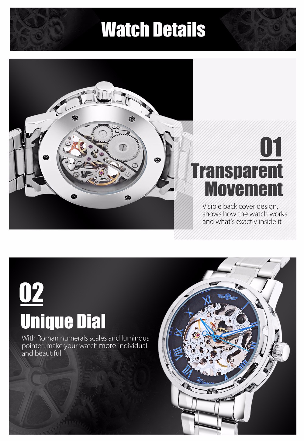 Winner F120604 Men Mechanical Watch Hollow Movement Luminous Wristwatch
