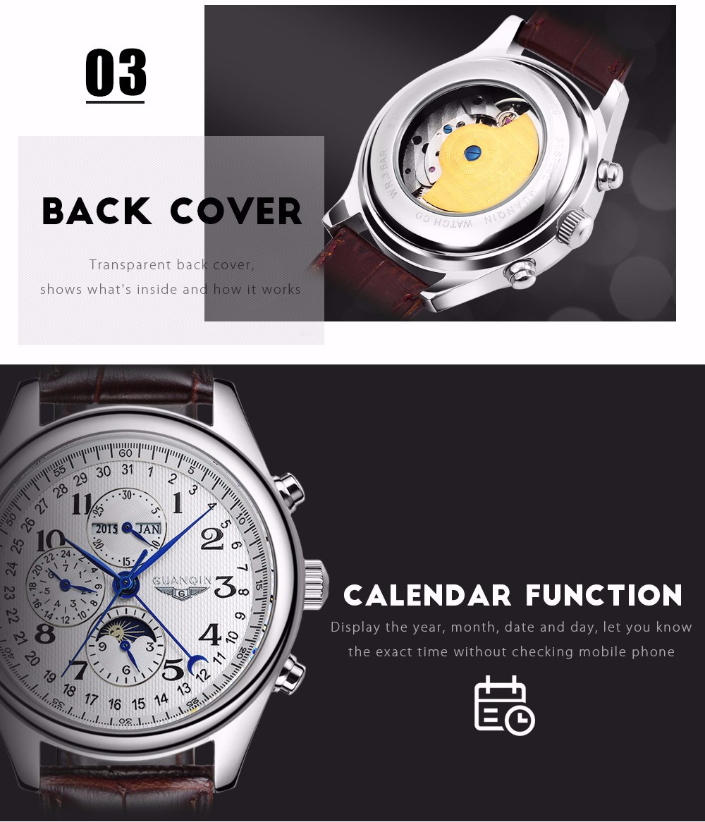 GUANQIN GQ20022 Male Auto Mechanical Watch Moon Phase Complete Calendar Men Wristwatch