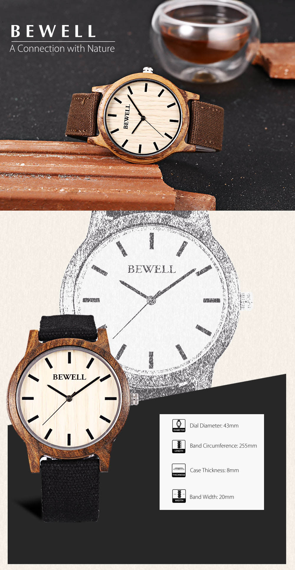 Bewell ZS - W134A Unisex Quartz Watch Wooden Case Canvas Band Japan Movt Wristwatch