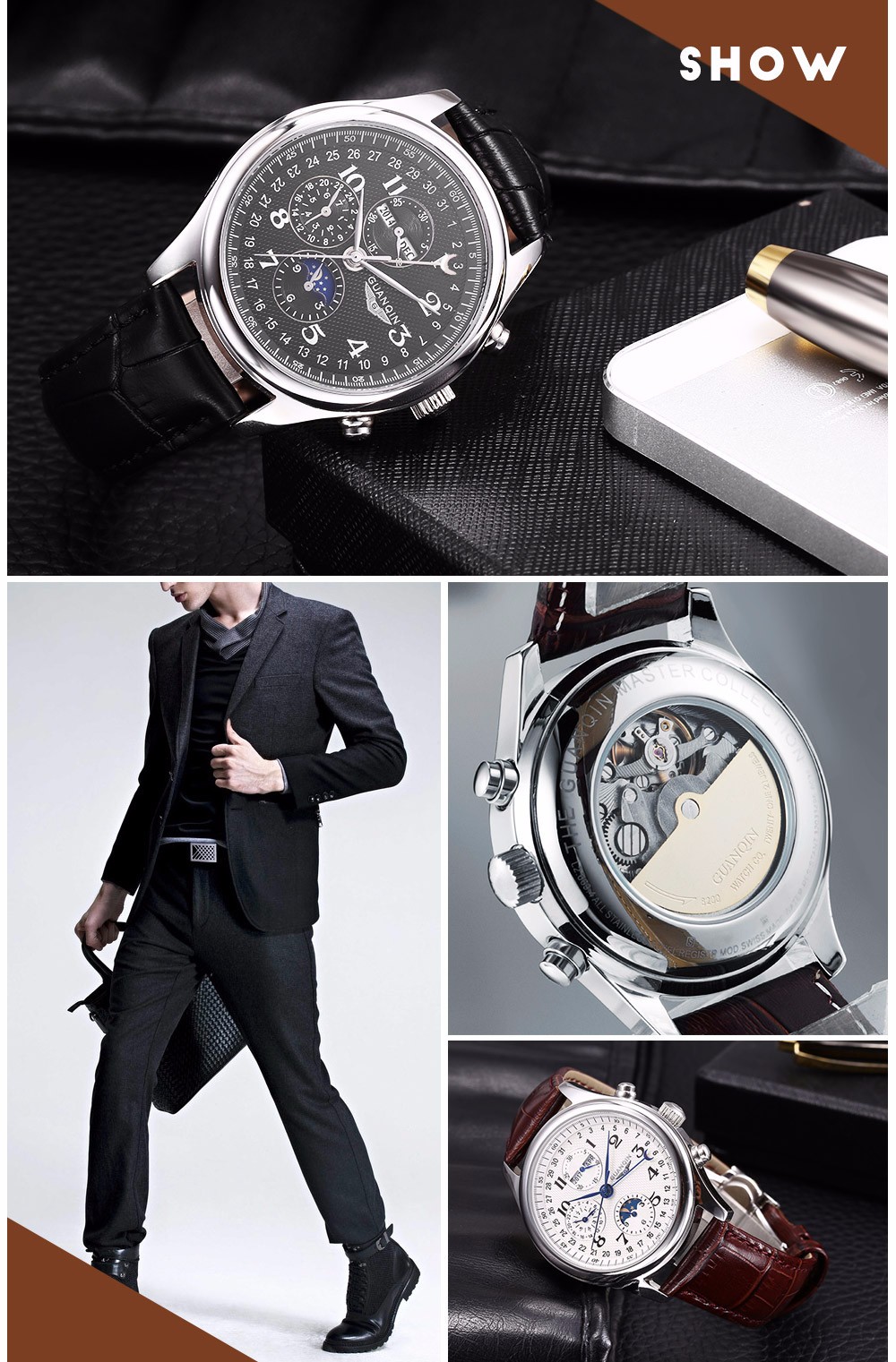 GUANQIN GQ20022 Male Auto Mechanical Watch Moon Phase Complete Calendar Men Wristwatch