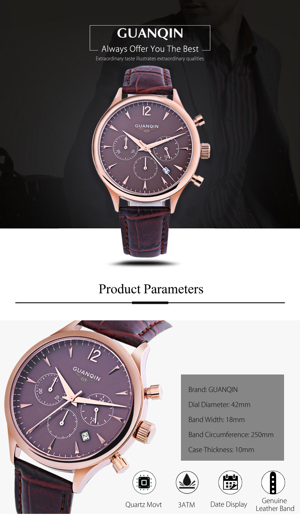 GUANQIN GS19023 Men Quartz Watch Decorative Sub-dial Date 3ATM Genuine Leather Band Wristwatch