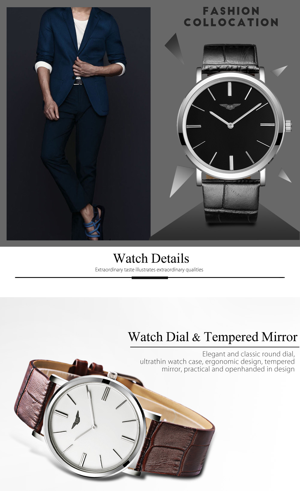 GUANQIN GS19029 Men Quartz Watch Ultrathin Watch Case Genuine Leather Band Wristwatch