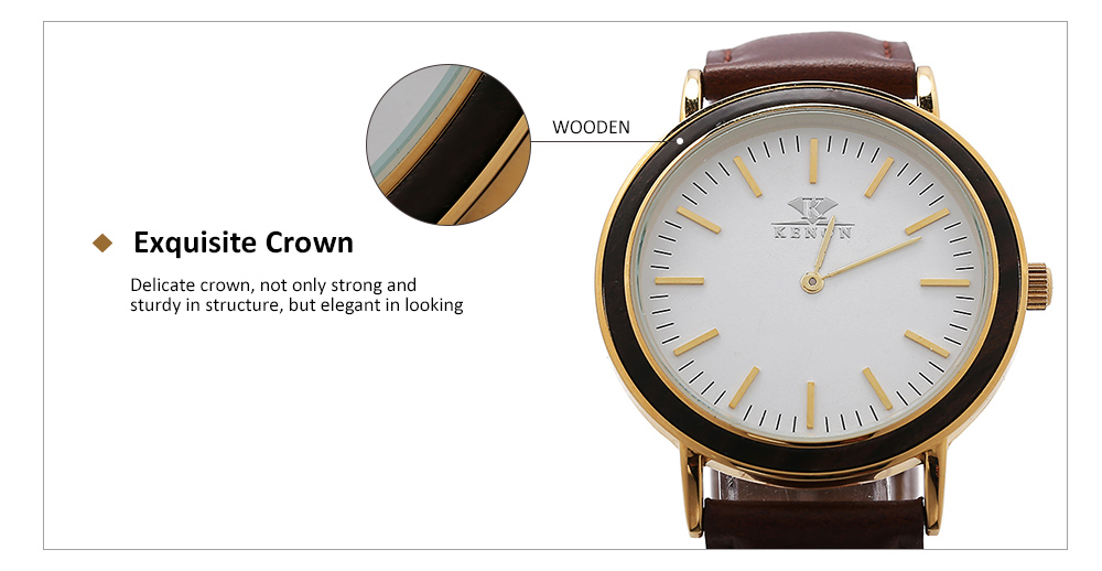 K KENON Male Wooden Dial Quartz Watch Leather Band Men Wristwatch