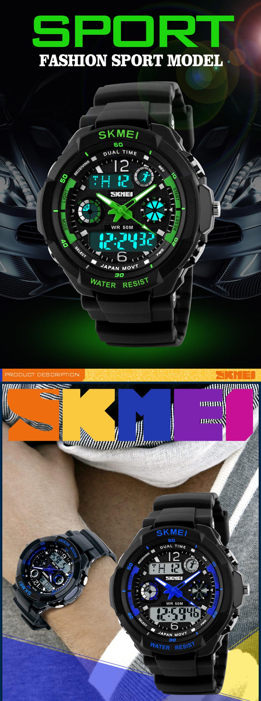 Skmei 1060 Green LED Military Watch with 2 Time Zone Chronograph Double Movts and Round Dial