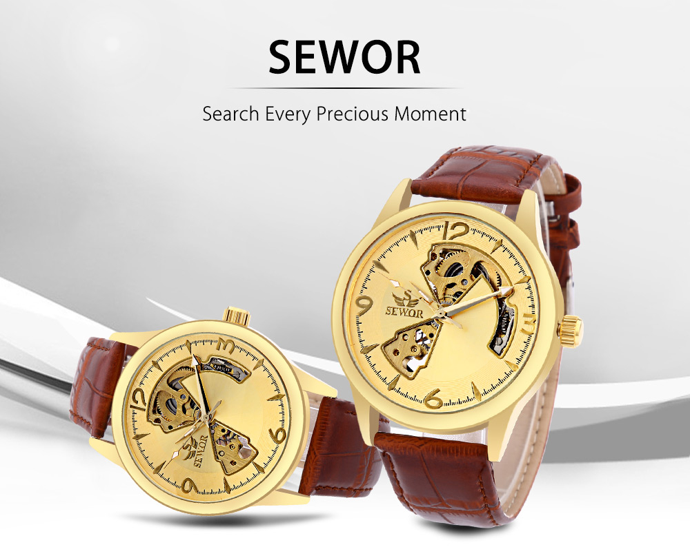 SEWOR SW031 Mechanical Hollow Dial Male Watch Leather Band Luminous Wristwatch