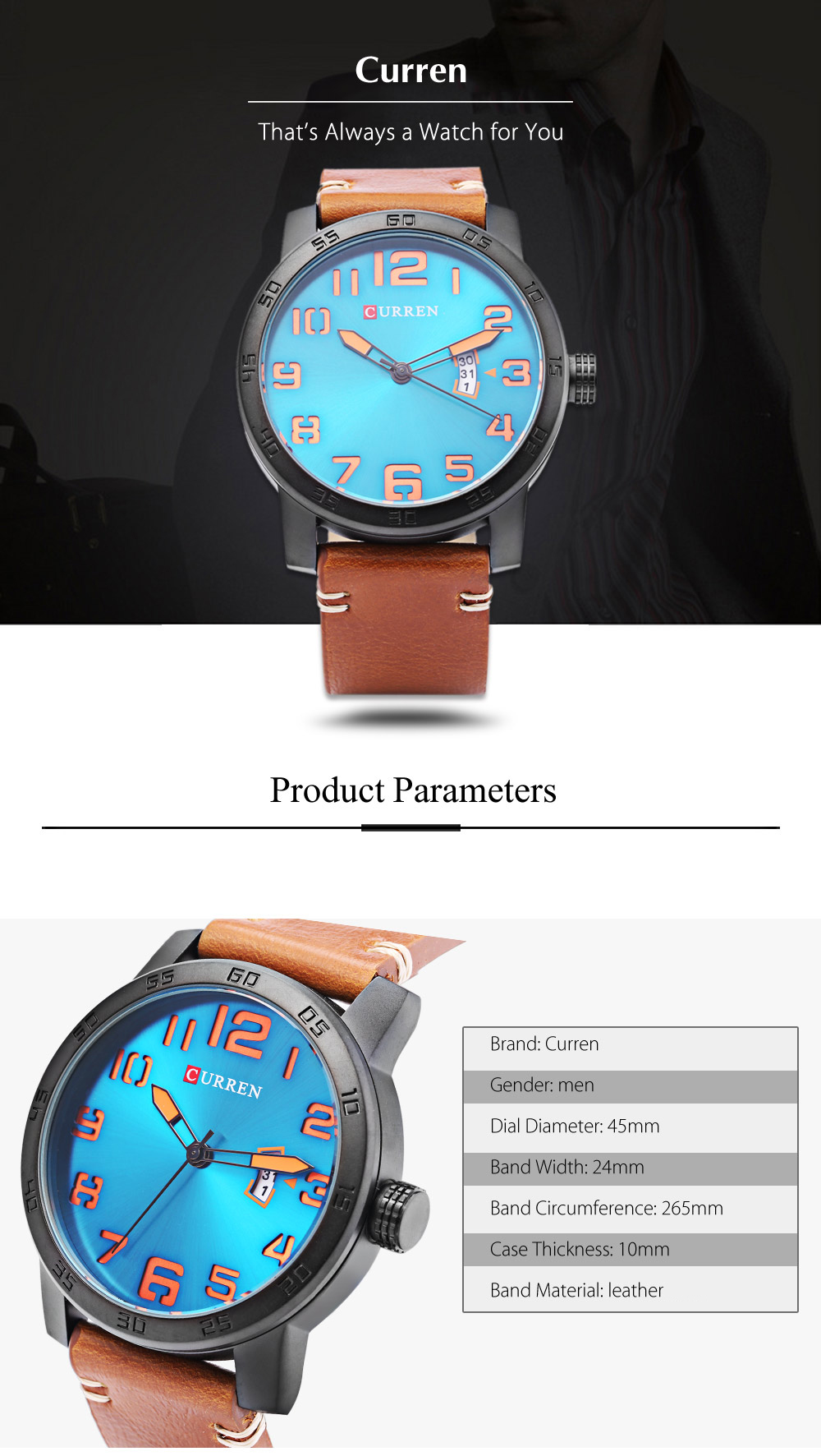 Curren 8254 Male Quartz Watch Calendar Leather Band Men Wristwatch