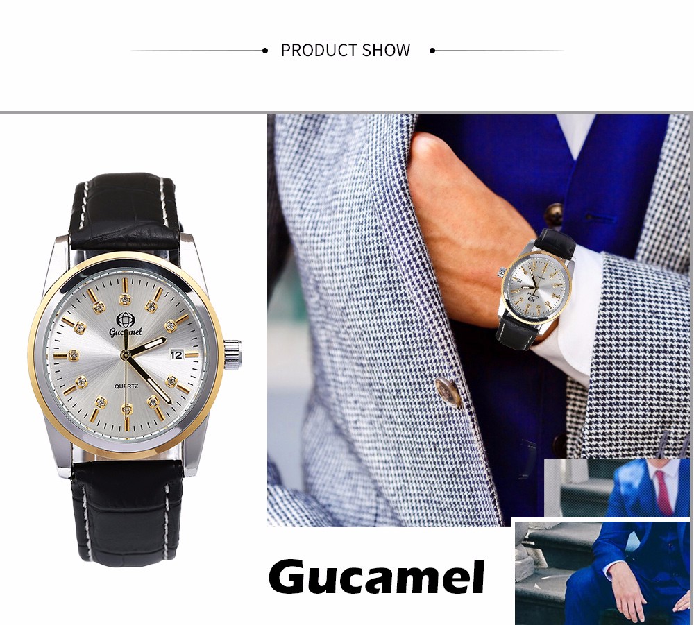 Gucamel B008 Men Quartz Watch Leather Band Calendar Wristwatch