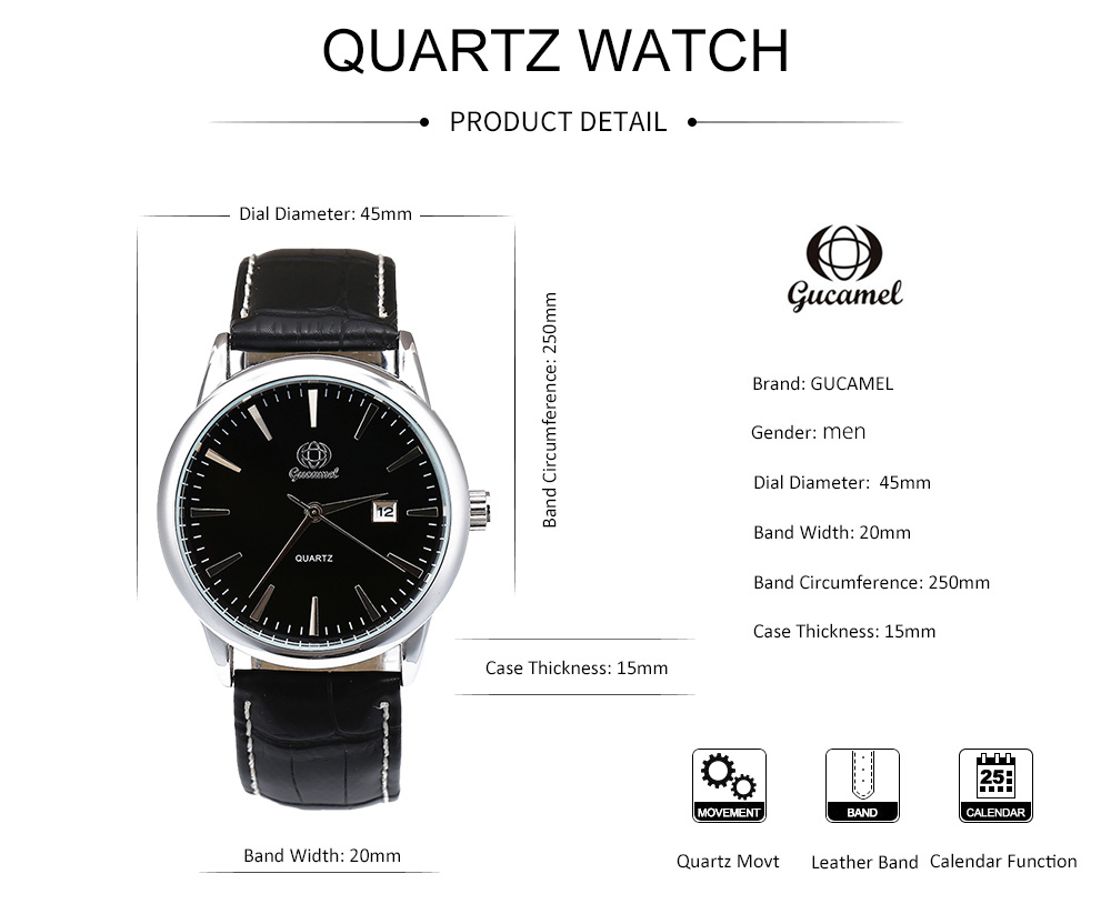 Gucamel B001 Men Quartz Watch Leather Band Calendar Wristwatch