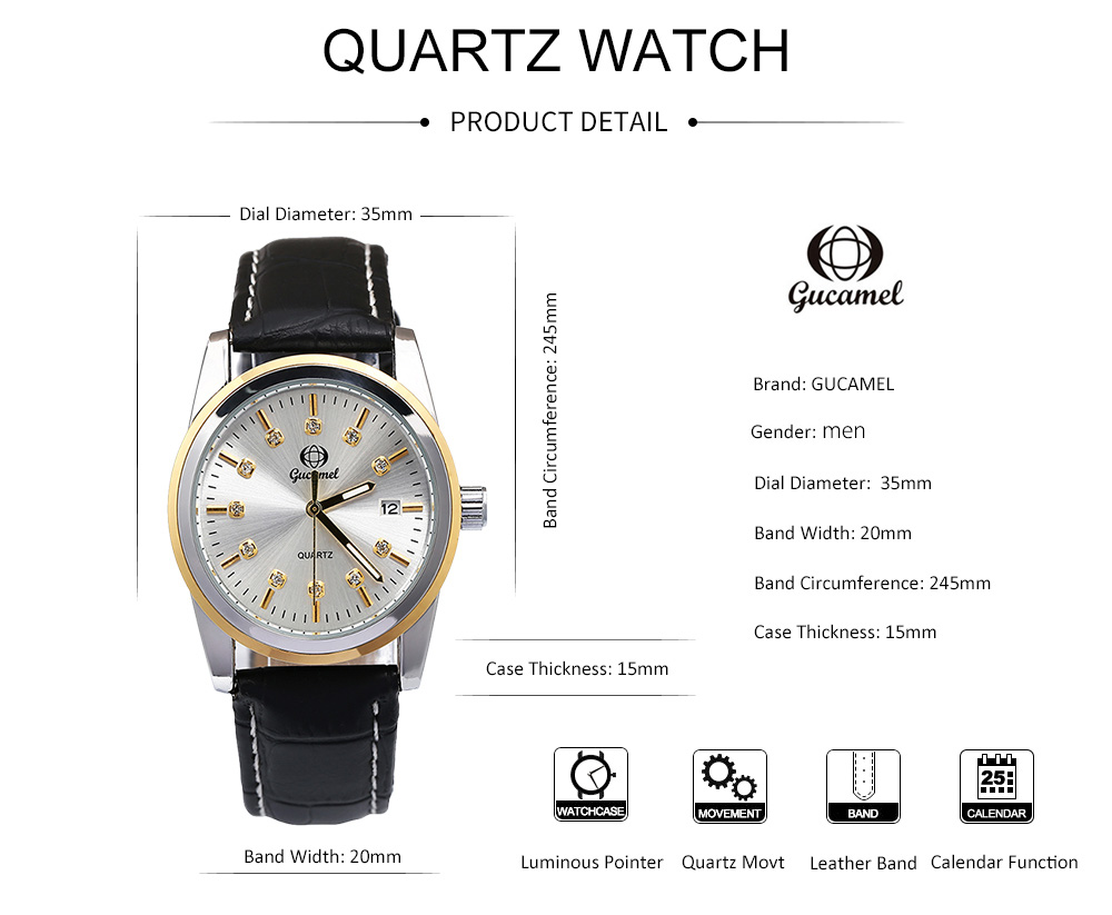 Gucamel B008 Men Quartz Watch Leather Band Calendar Wristwatch