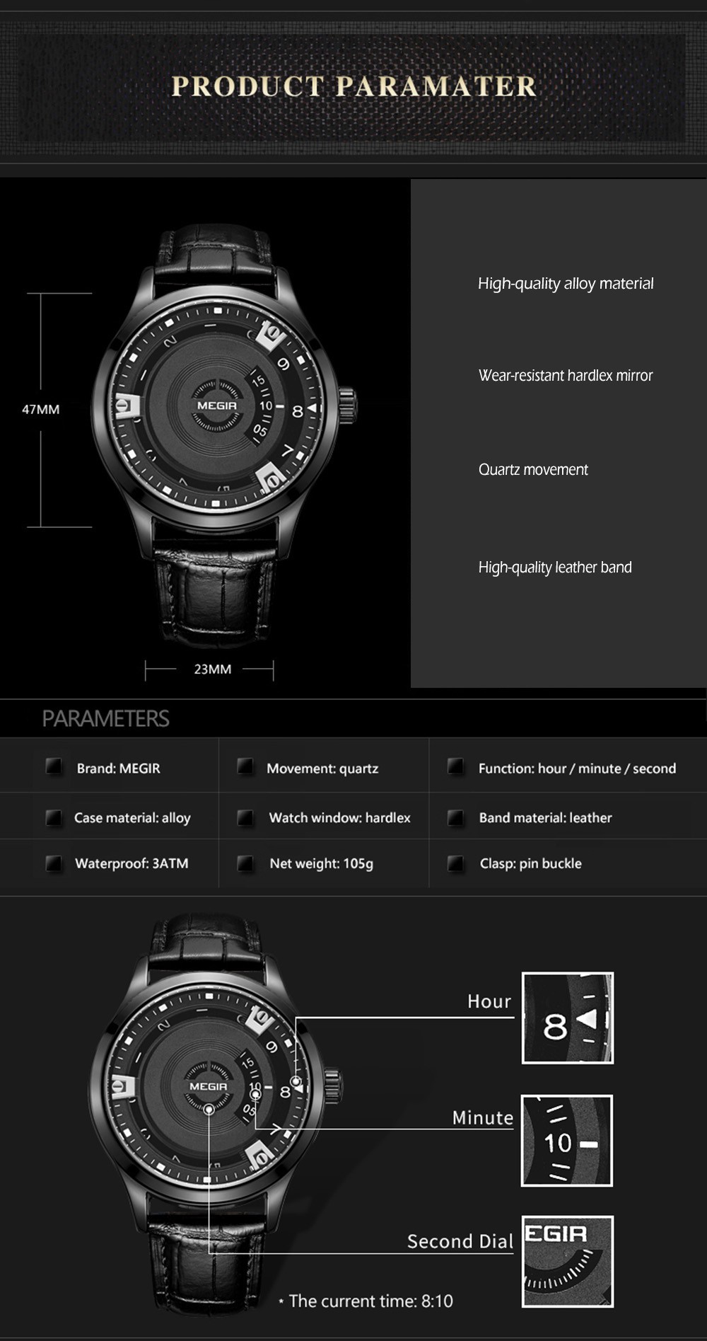 MEGIR 1067 Stereo Dial Male Quartz Watch Leather Strap Wristwatch