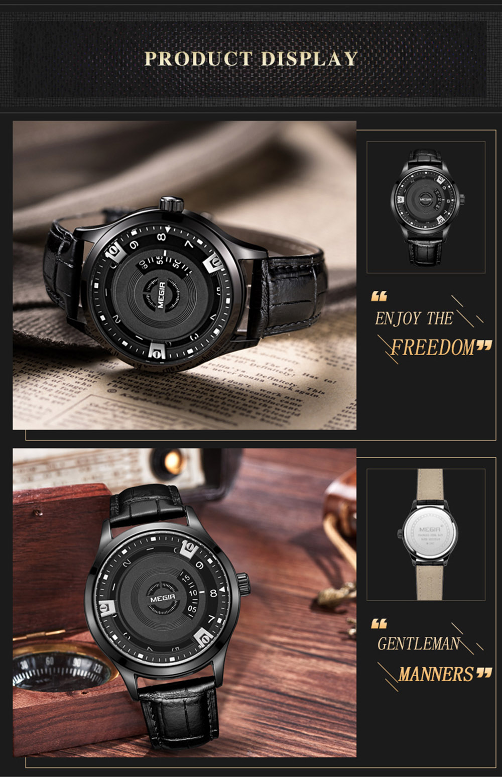 MEGIR 1067 Stereo Dial Male Quartz Watch Leather Strap Wristwatch