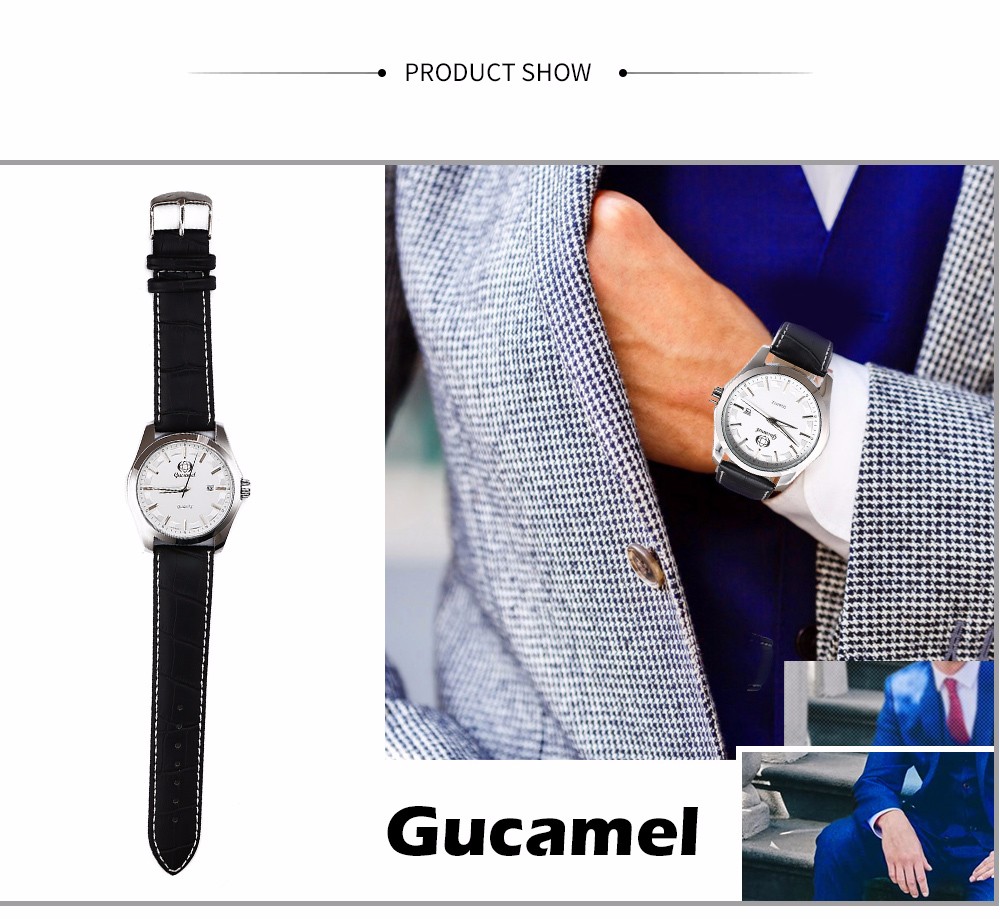 Gucamel B006 Men Quartz Watch Leather Band Date Display Wristwatch