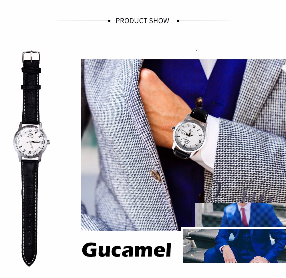 Gucamel B009 Men Quartz Watch Leather Band Date Day Display Wristwatch