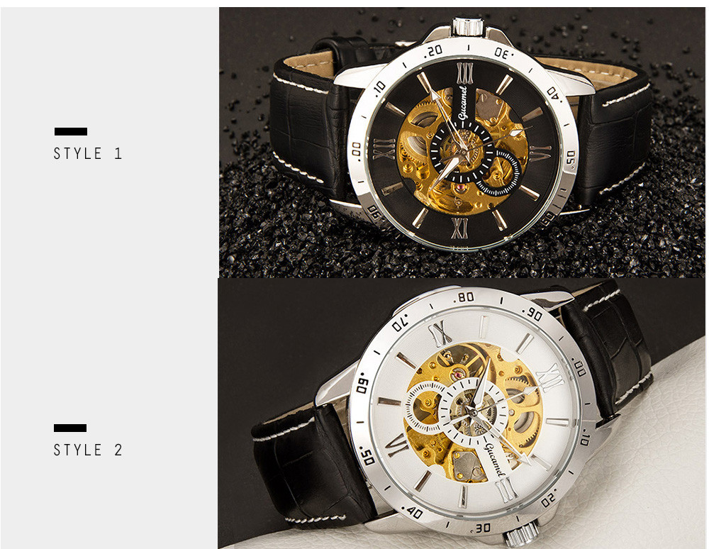 Gucamel G027 Men Auto Mechanical Watch Hollow Dial Luminous Genuine Leather Band Wristwatch