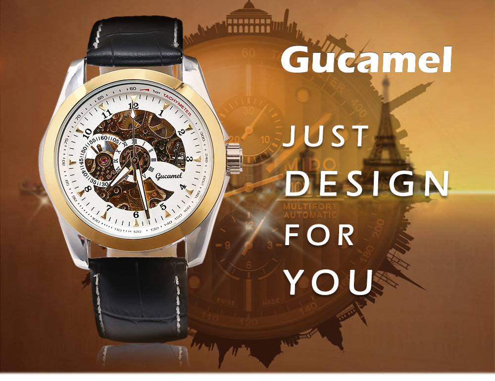 Gucamel G006 Men Auto Mechanical Watch Hollow Dial Luminous Genuine Leather Band Wristwatch